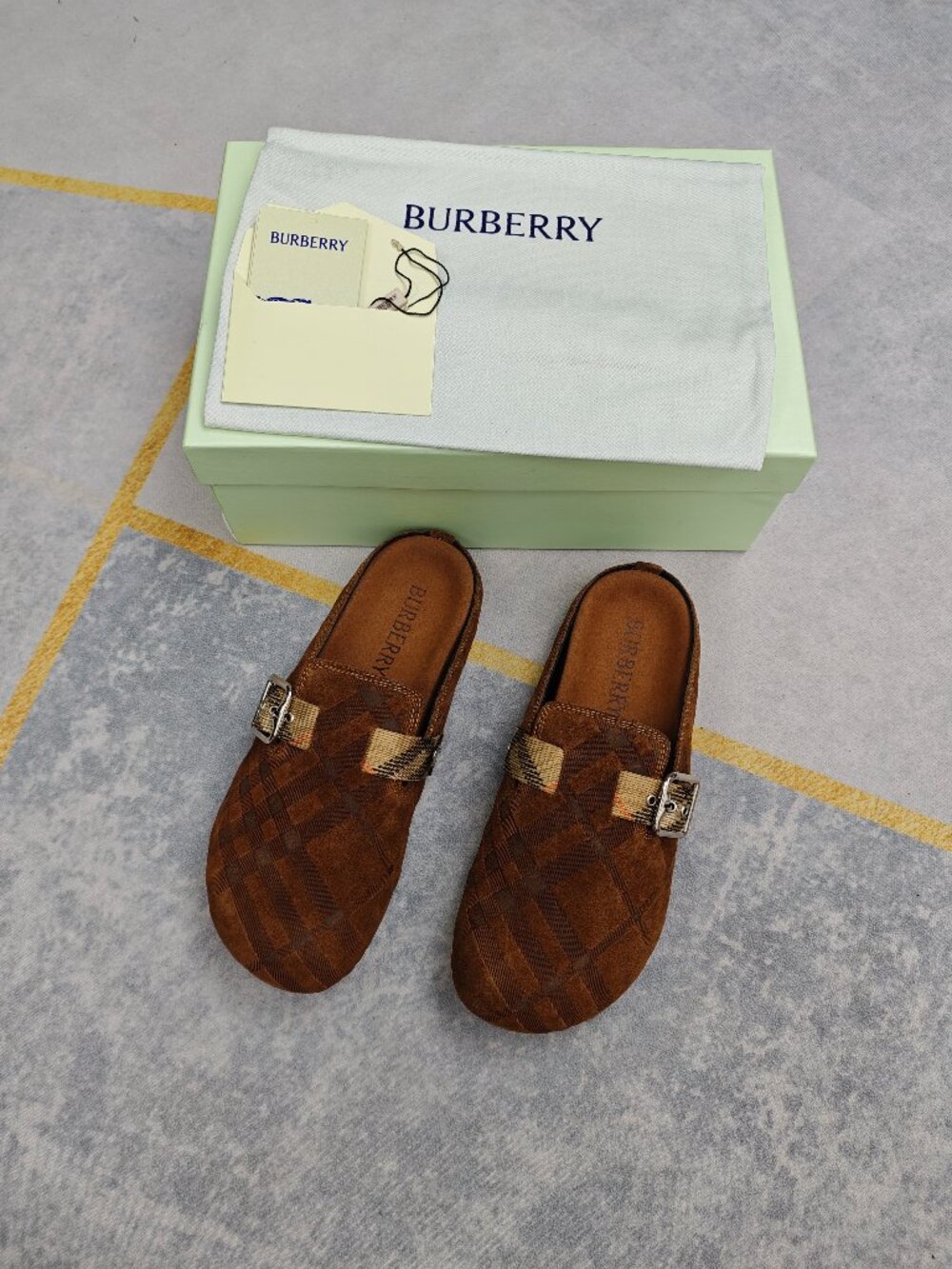 Burberry Brown Suede Check Embossed Mule Clogs